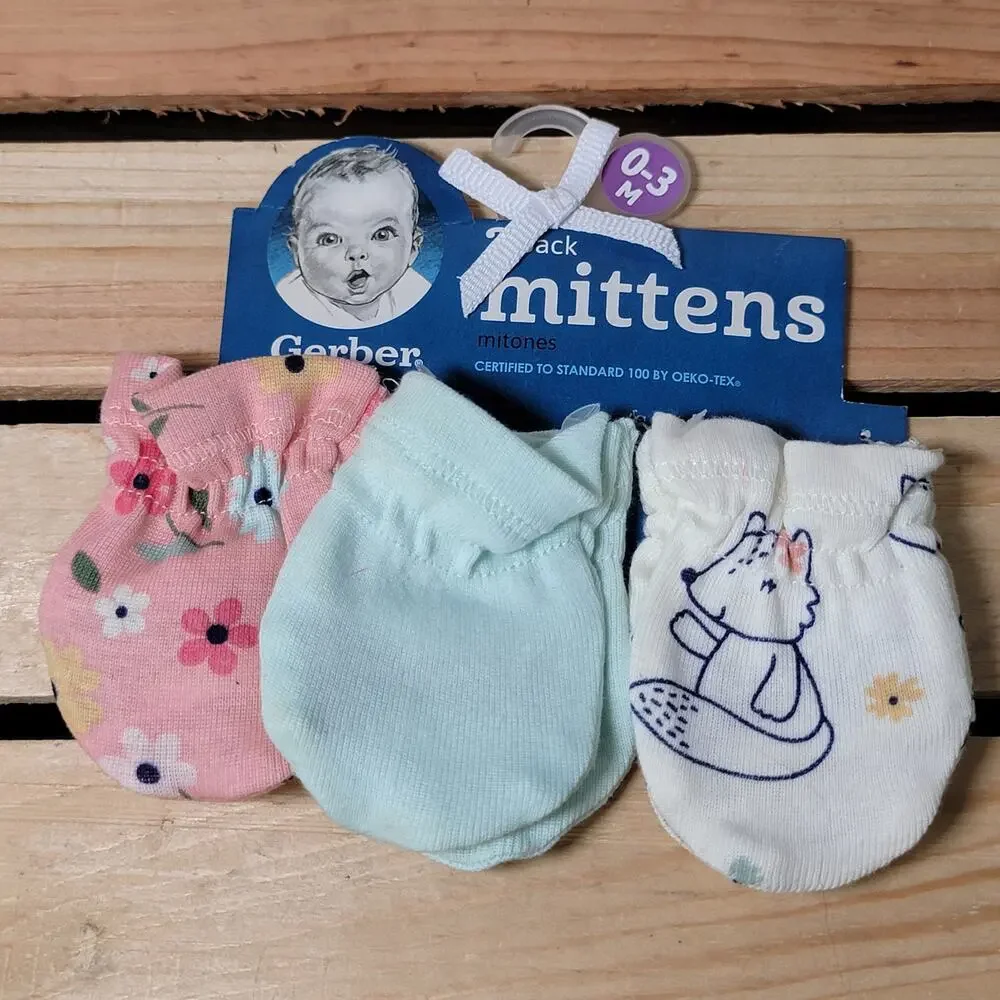 3 Pk Gerber Infant Mittens: Pink Floral, Lt. Blue & White Fox - Size 0-3m NWT